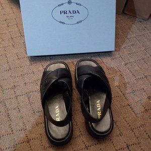 Prada Quilted Nappa Leather Flatform Sandals, Black, Size 36.5 euro